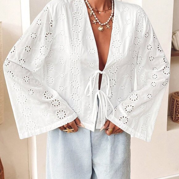 White Boho Women's Casual Woven Long Sleeve Front Tie Loose Blouse - Picture 1 of 6